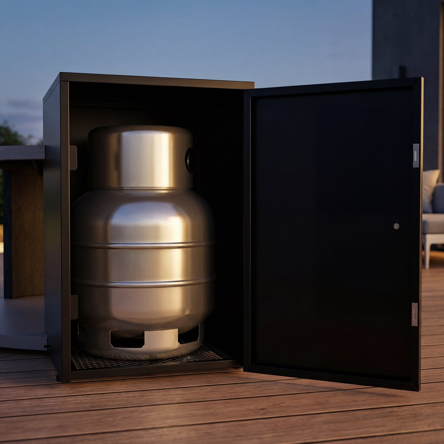 Metallic propane tank inside an open black storage cabinet on a wooden deck.