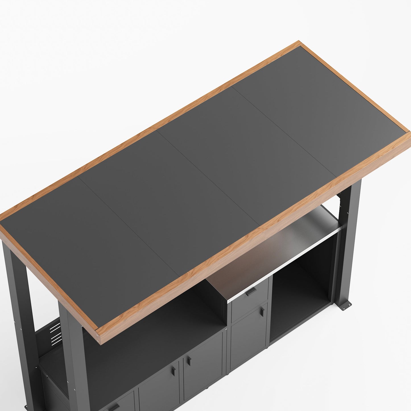 Workbench with dark gray top and storage cabinets on a white background