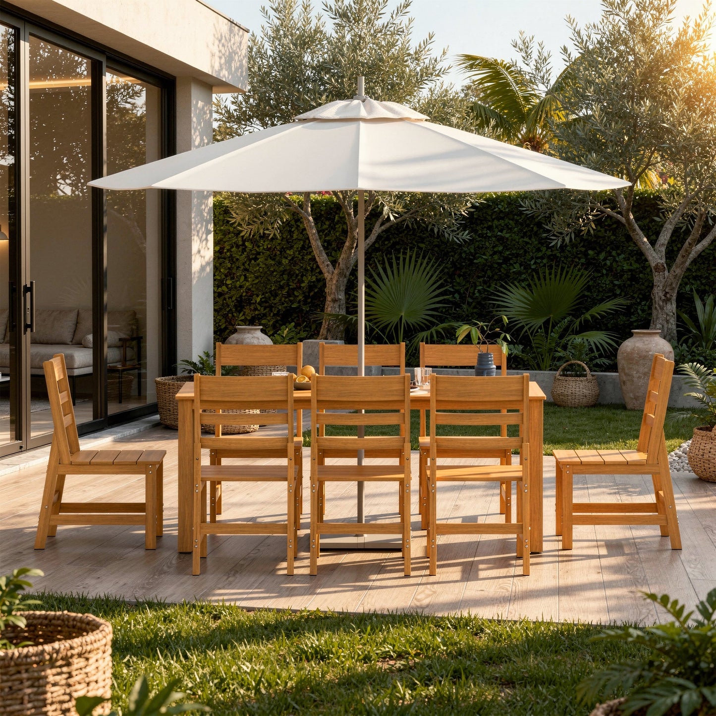 81 inches Modern Natural Wood 7-Piece Outdoor Dining Set (1 Table & 6 Chairs) with Weather-Resistant Design