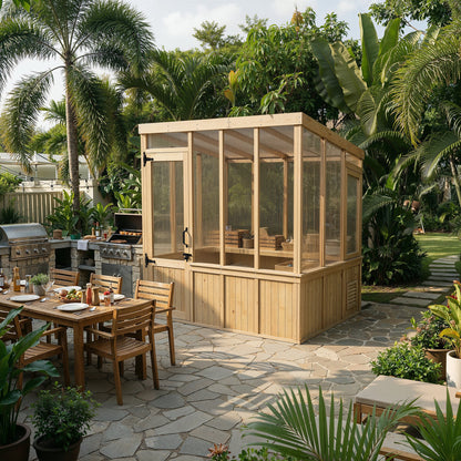Wooden outdoor enclosure with a patio table and chairs in a garden setting.