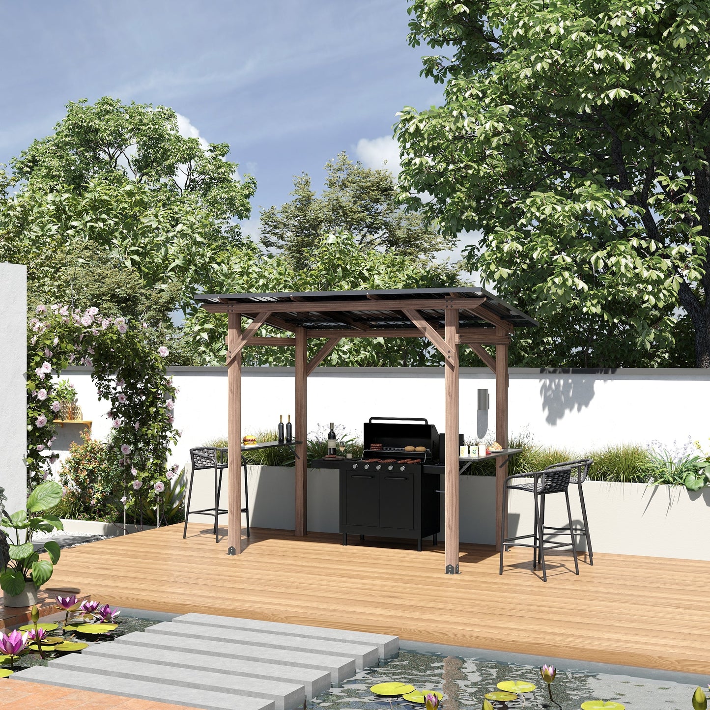 103.4 inch Natural Cedar Grill Gazebo with Hardtop Roof and Side Tables
