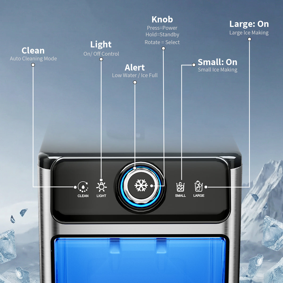 Homevol EVO1 Corded & Battery Powered Ice Maker with Self-Cleaning - Stainless Silver