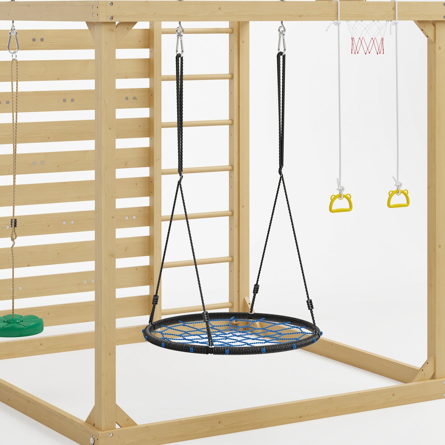 Children's playset with wooden climbing frame and hanging swings
