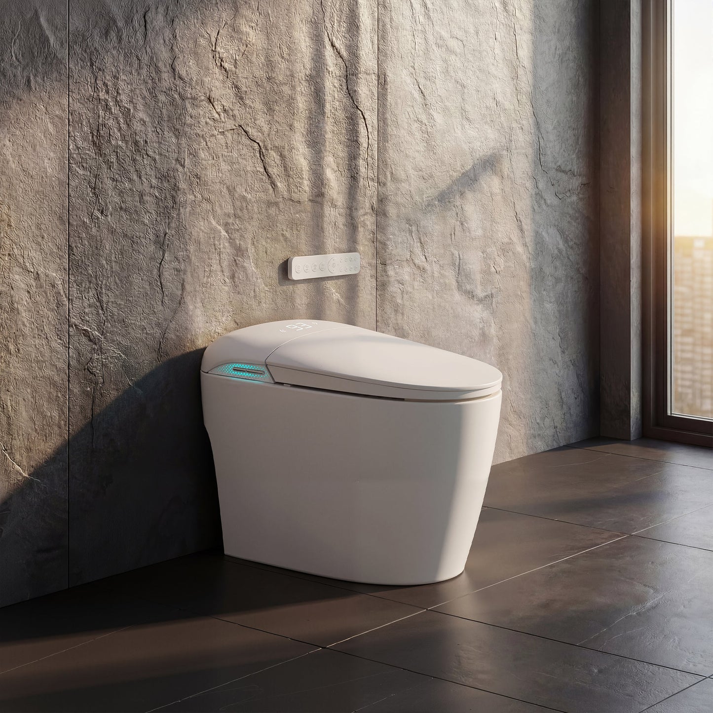 White smart toilet with automatic lid opening, foot kick flush, and foot kick seat opening