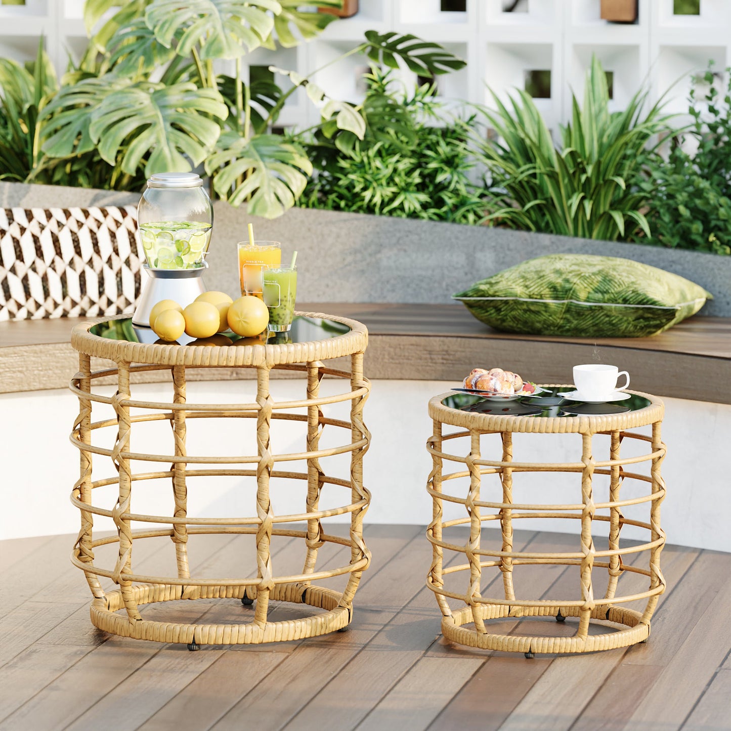 17.7 inch Boho Wood Solar Nesting Tables with Built-in Lights