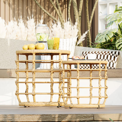 17.7 inch Boho Wood Solar Nesting Tables with Built-in Lights