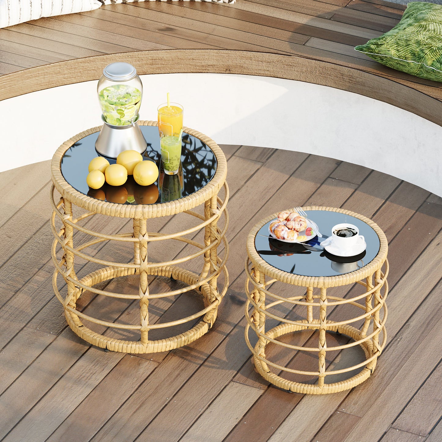 17.7 inch Boho Wood Solar Nesting Tables with Built-in Lights