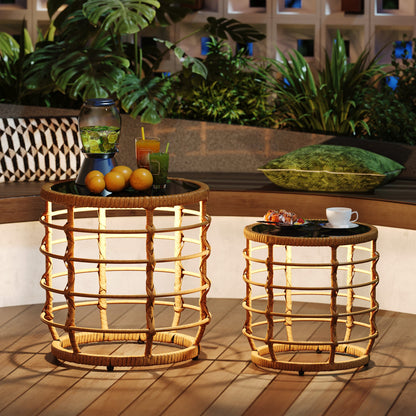 17.7 inch Boho Wood Solar Nesting Tables with Built-in Lights