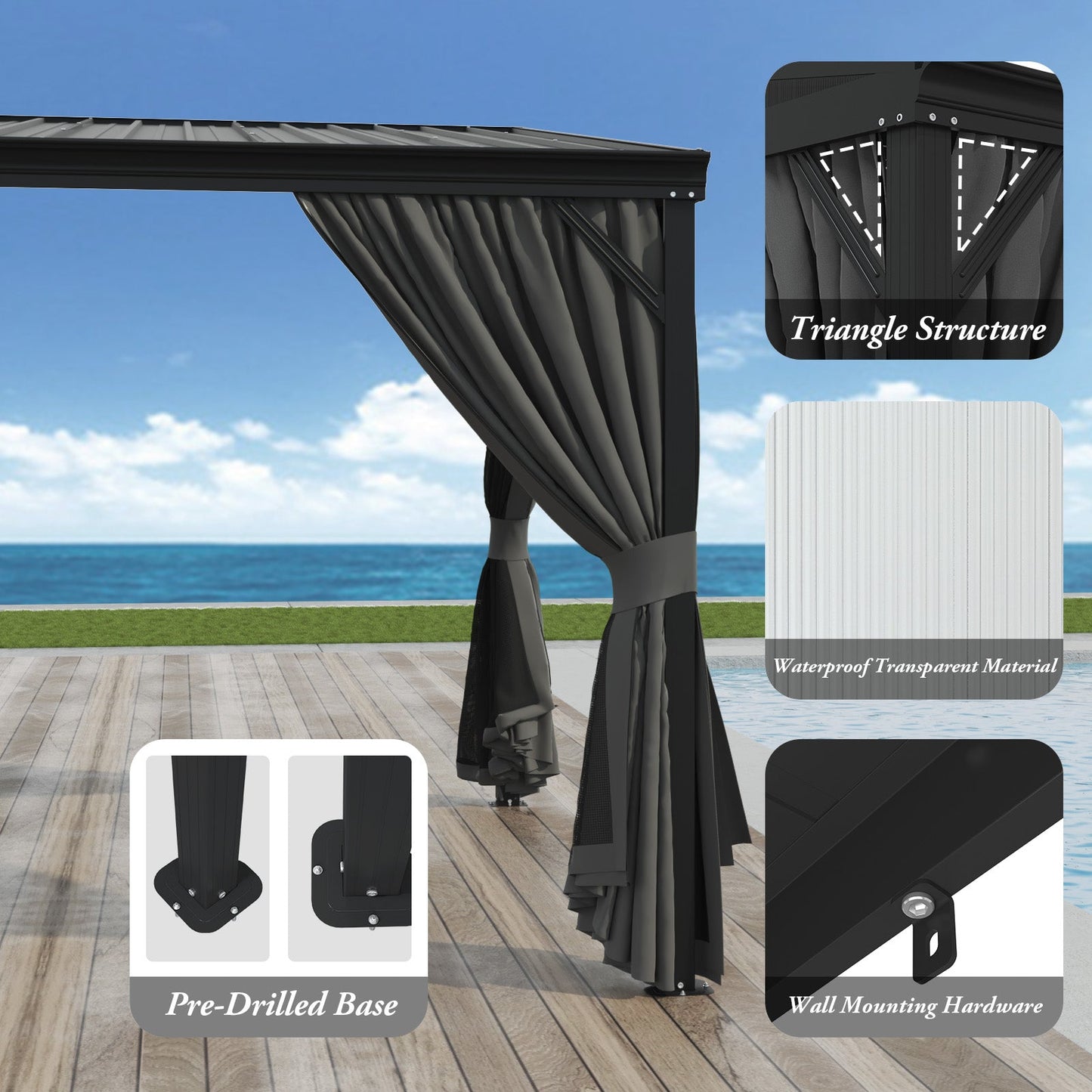 165.7 inch Modern Black Patio Gazebo with Curtains and Mosquito Net