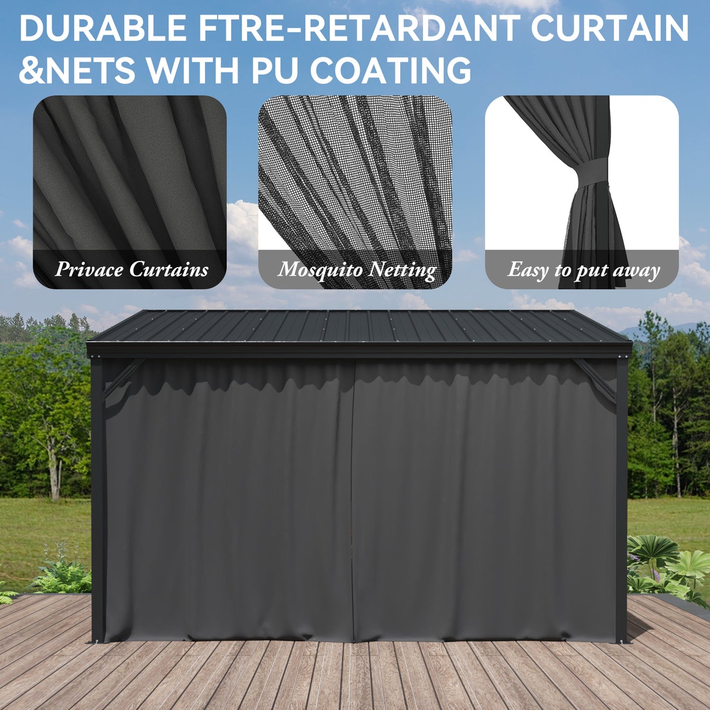 145.4 inch Modern Black Patio Gazebo with Curtains and Mosquito Net