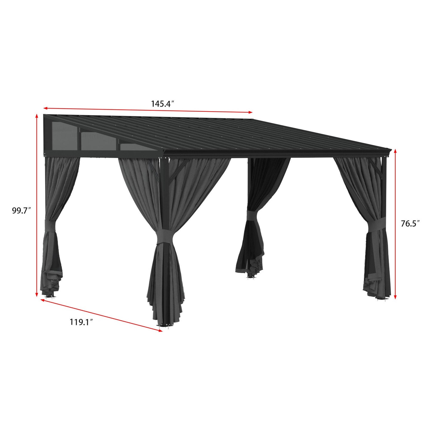145.4 inch Modern Black Patio Gazebo with Curtains and Mosquito Net