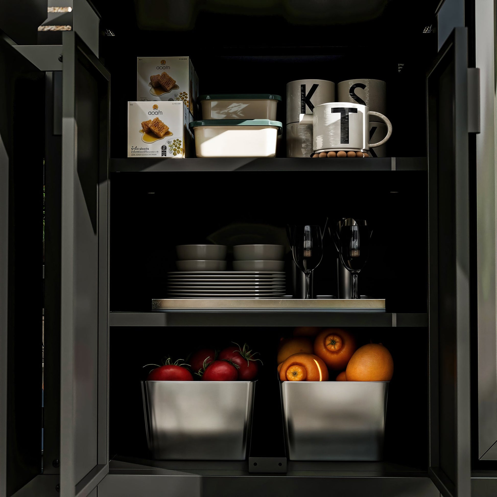 Open kitchen cabinet with food items including fruits, vegetables, and kitchenware.