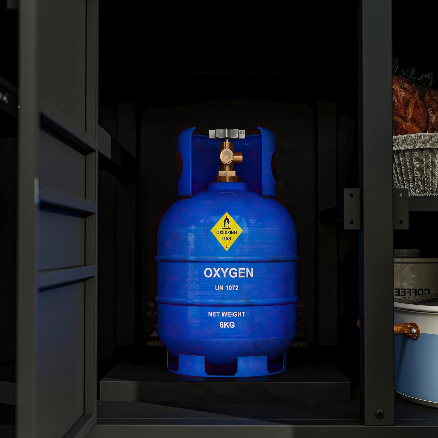 Blue oxygen tank inside a dark storage unit