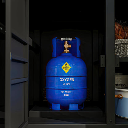 Blue oxygen tank inside a dark storage unit