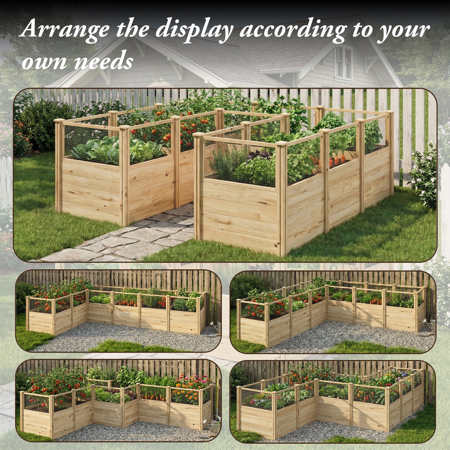 Wooden raised garden beds with plants arranged in various configurations on a grassy background