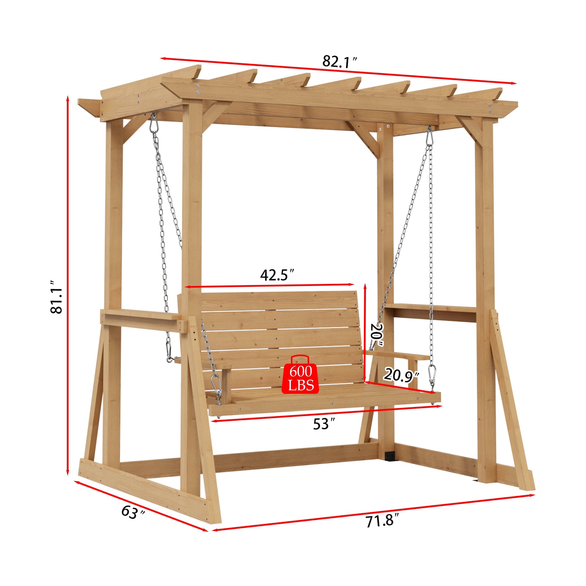 Wooden swing set with dimensions labeled on a white background
