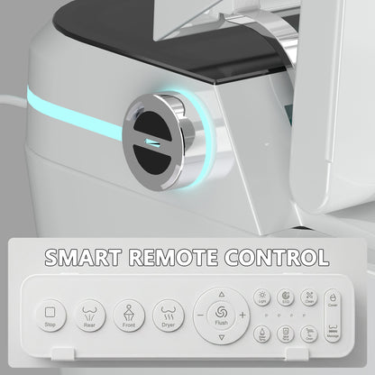 White smart toilet with compact one-piece design and side control knob