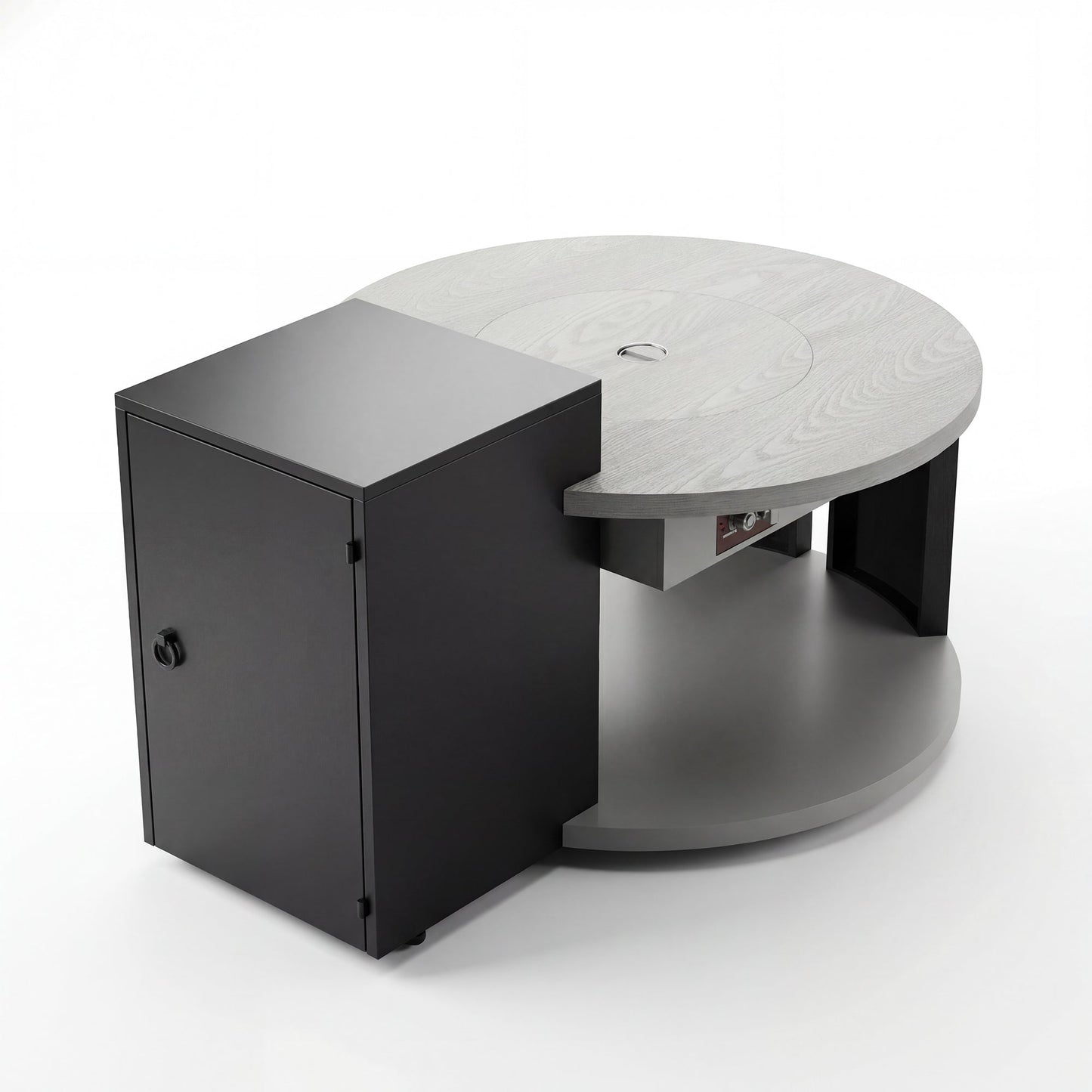 Modern black and gray side table with a round top on a white background