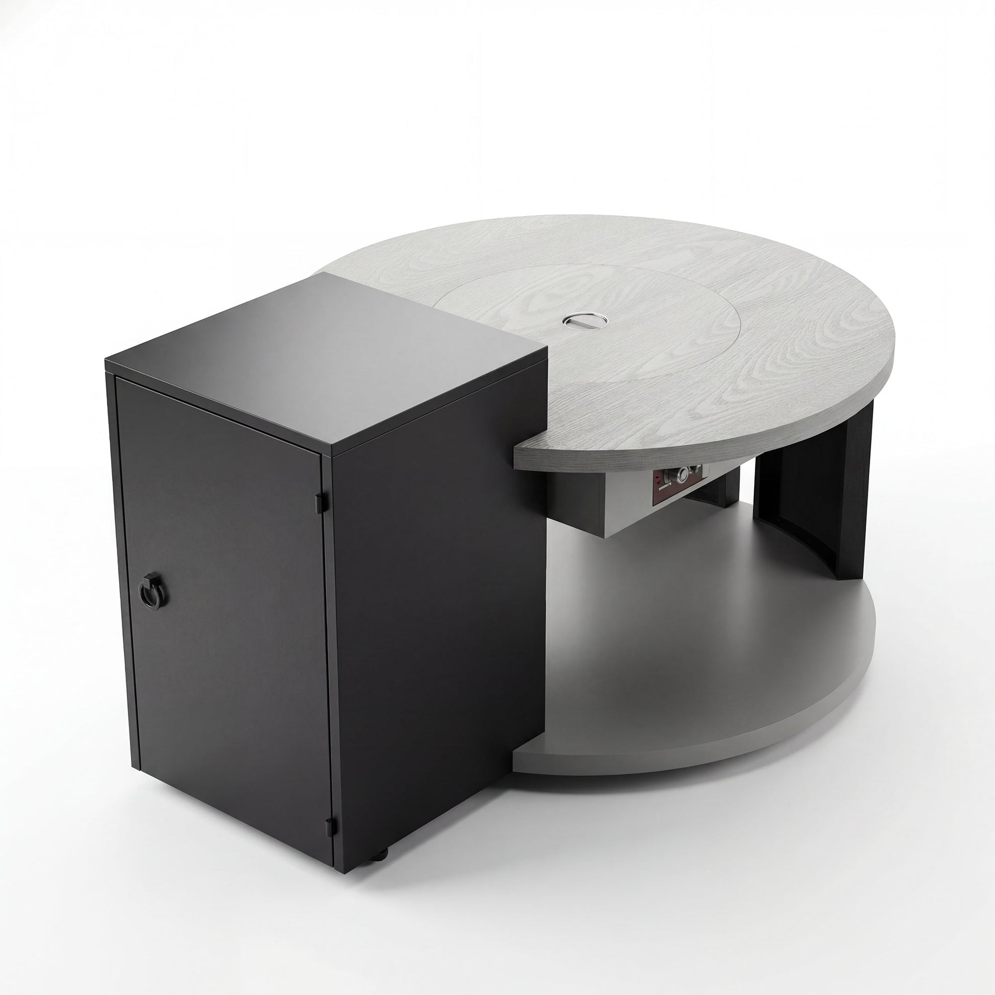 Modern black and gray side table with a round top on a white background