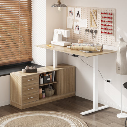 63 inches Modern Minimalist White Standing Desk With 3 Drawers, 2 Exterior Shelves, Electric Lift
