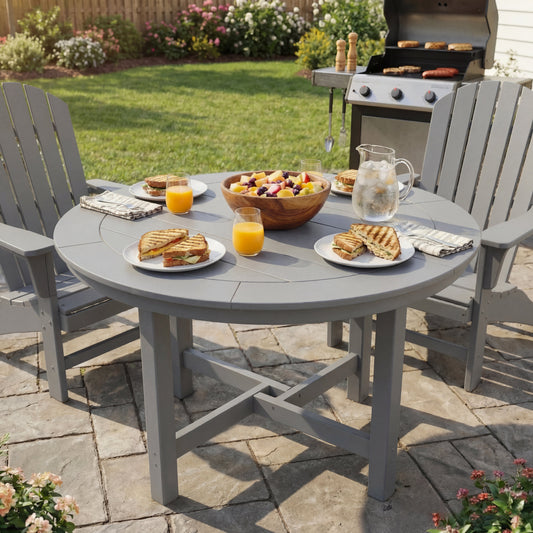 Outdoor dining setup with a round table, chairs, food, and drinks on a patio.