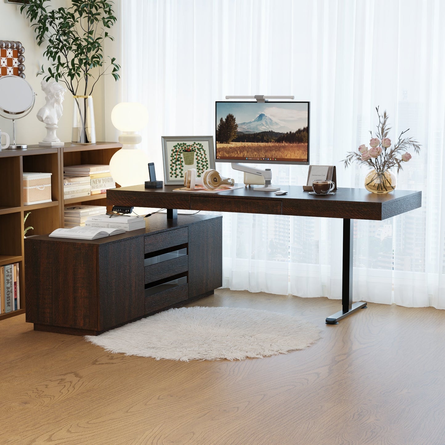 70.9 inches Modern Walnut L-Shaped 3-Drawer Standing Desk with Bookcase