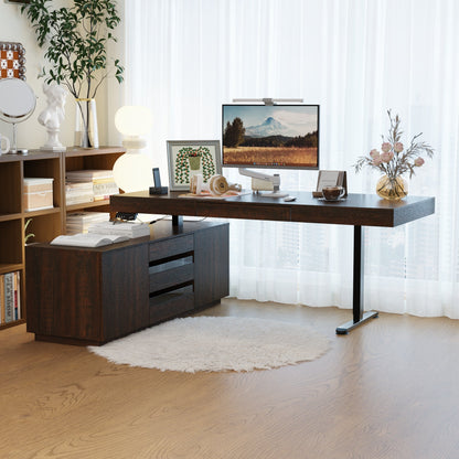 70.9 inches Modern Walnut L-Shaped 3-Drawer Standing Desk with Bookcase