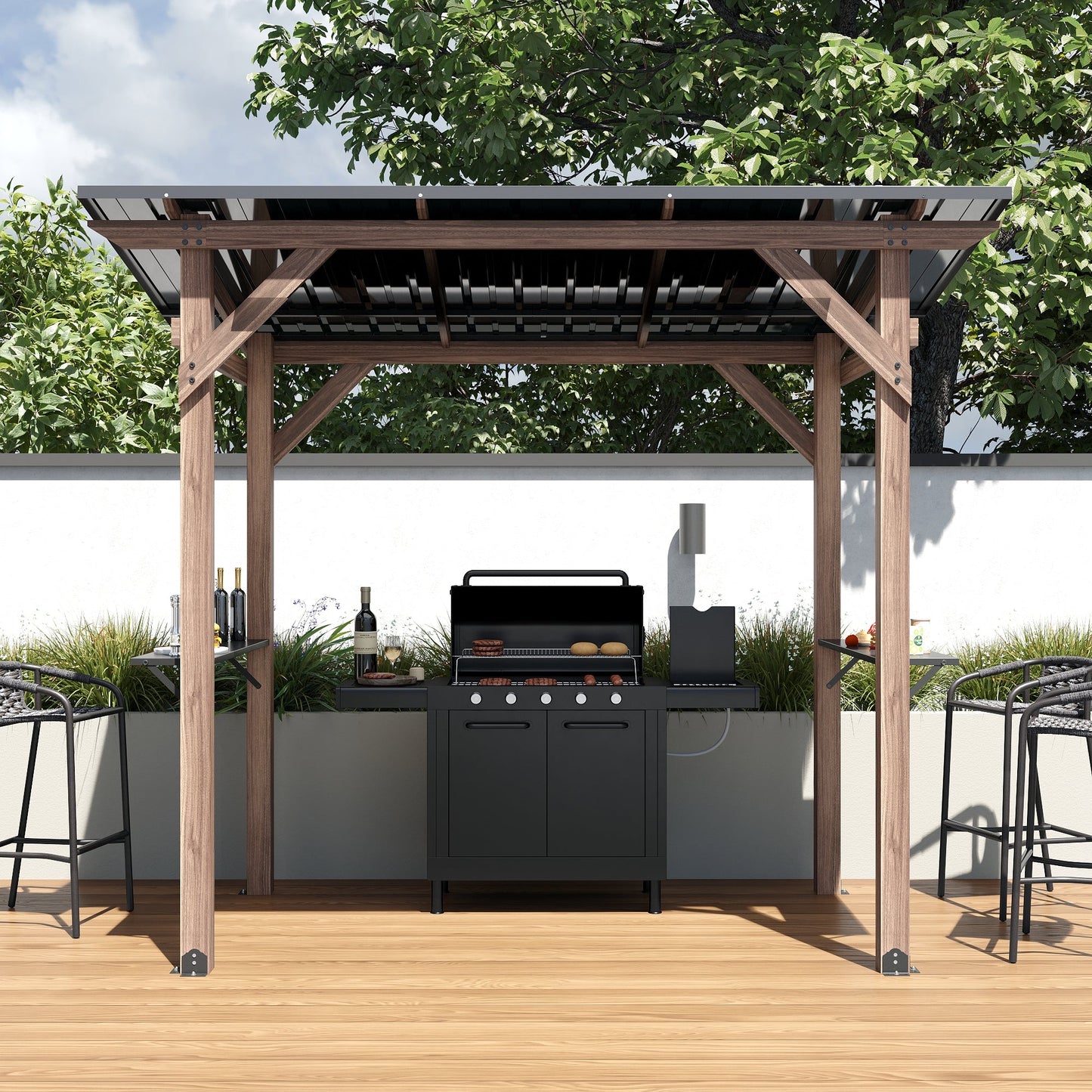103.4 inch Natural Cedar Grill Gazebo with Hardtop Roof and Side Tables