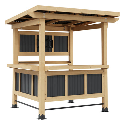 Wooden outdoor structure with a flat roof on a white background