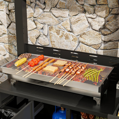 Outdoor grill with food being cooked against a stone wall background