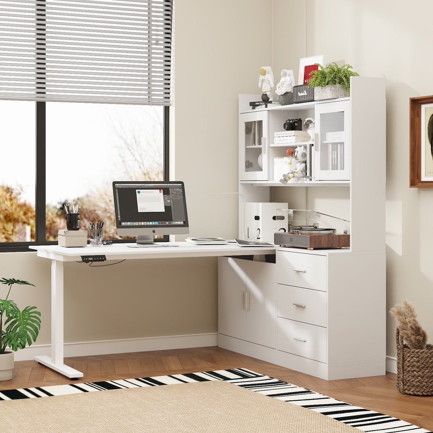 68.5 inches Modern White Standing Desk with Bookcase