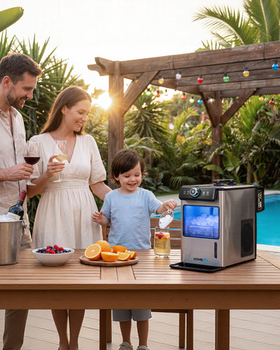 Person pouring a drink into a glass with a child in a modern kitchen, featuring a robot-like device on the counter.