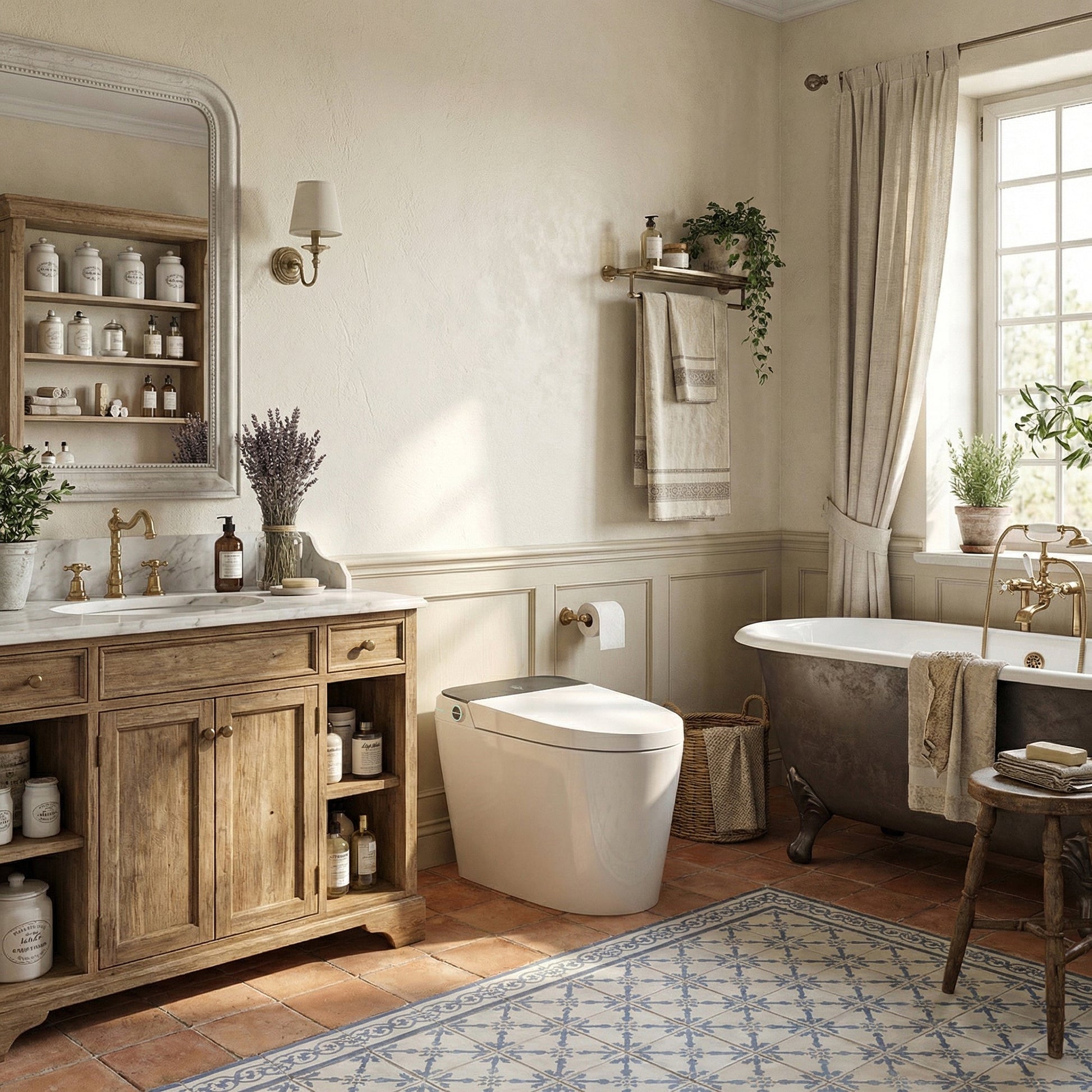 White smart toilet with compact one-piece design and side control knob