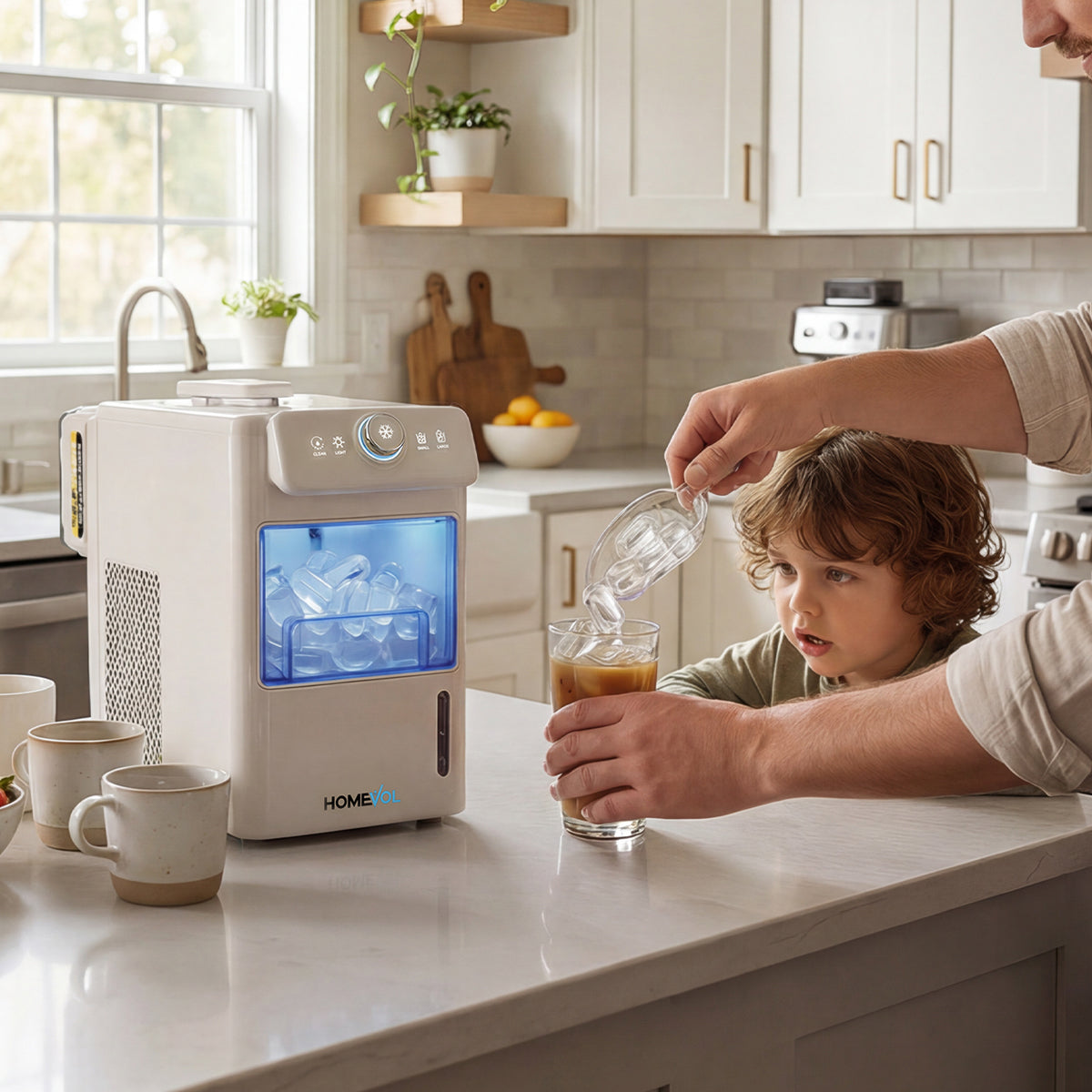 Person pouring a drink from a glass into a cup next to a home ice maker in a kitchen.
