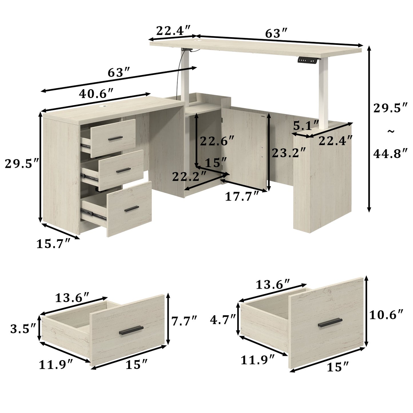 63 inch L-Shaped Standing Desk with 3 Drawers