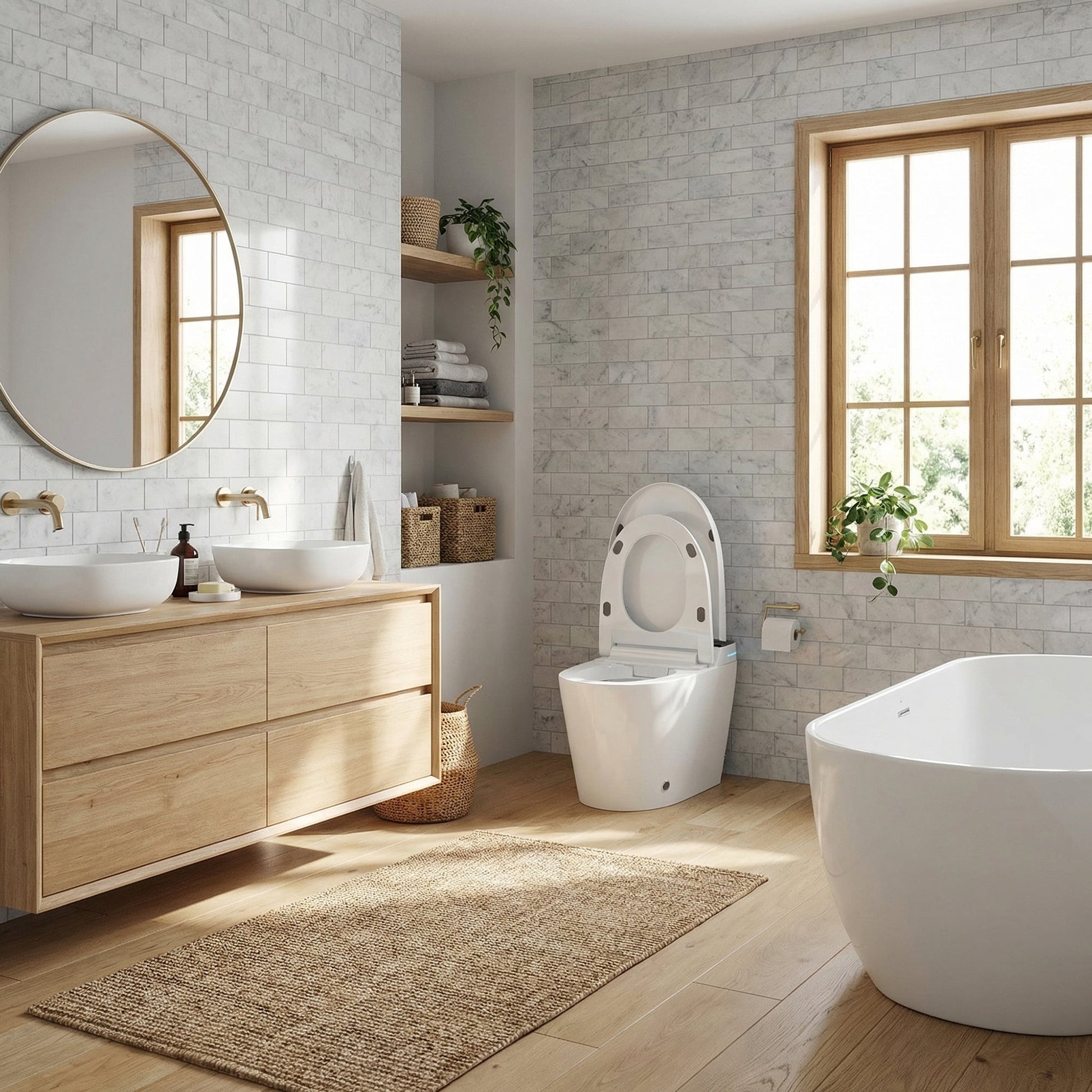 White smart toilet with compact one-piece design and side control knob