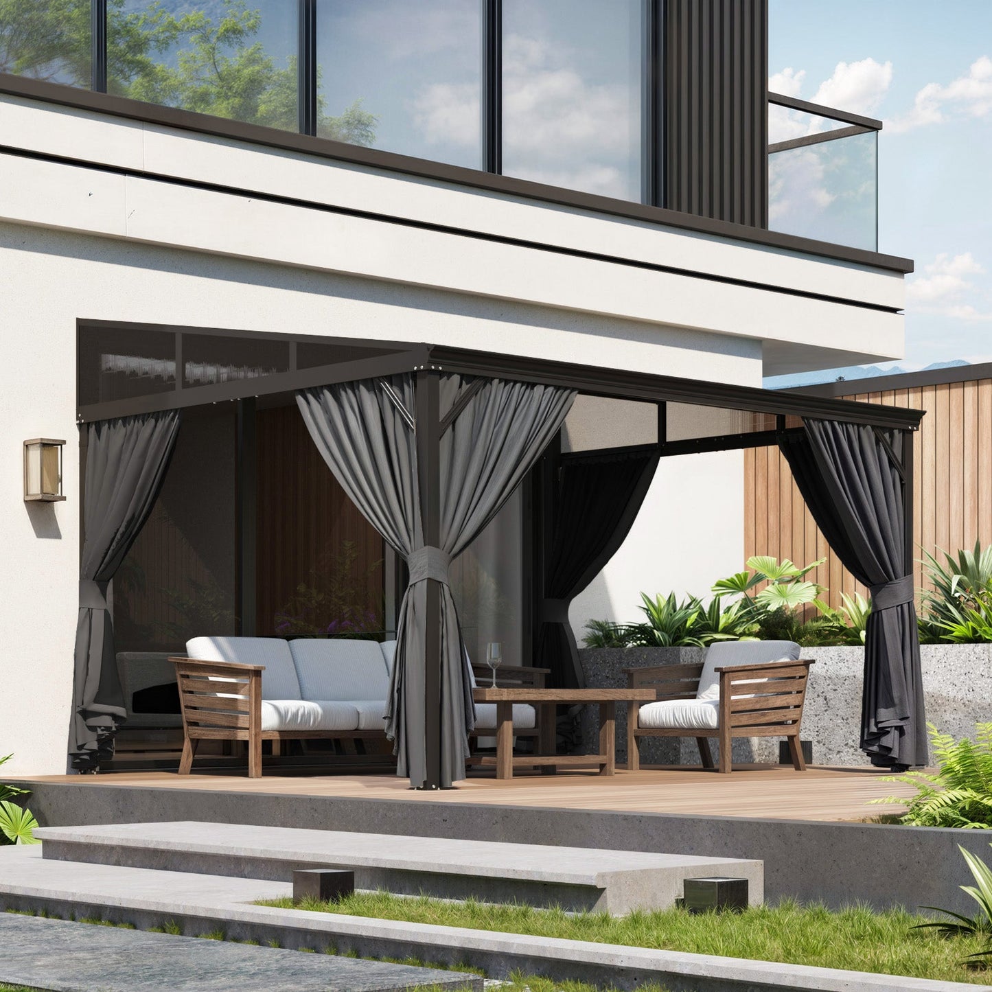 145.4 inch Modern Black Patio Gazebo with Curtains and Mosquito Net