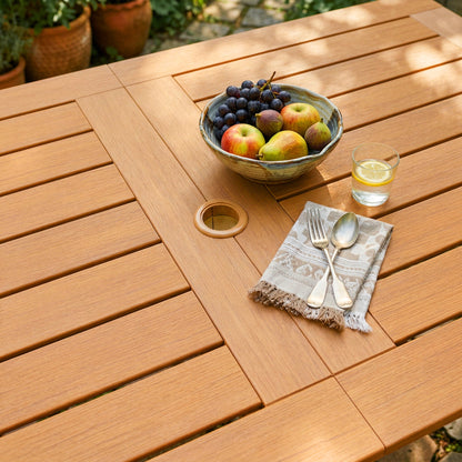 Wood outdoor dining set with rectangular table and matching armchairs