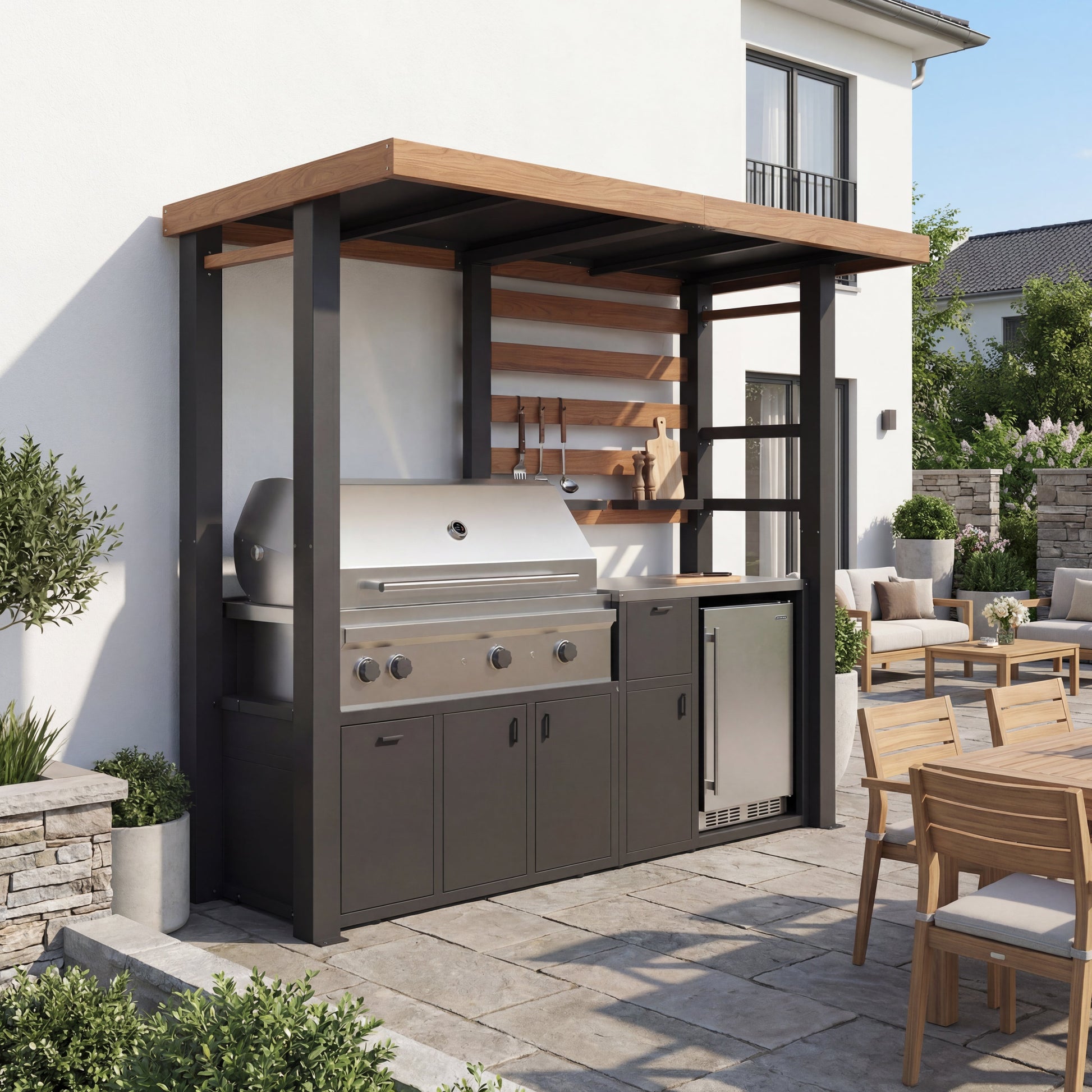 Outdoor kitchen with grill, refrigerator, and dining area on a patio.