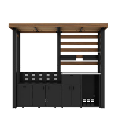 Outdoor kitchen structure with wooden roof and black cabinets on a white background