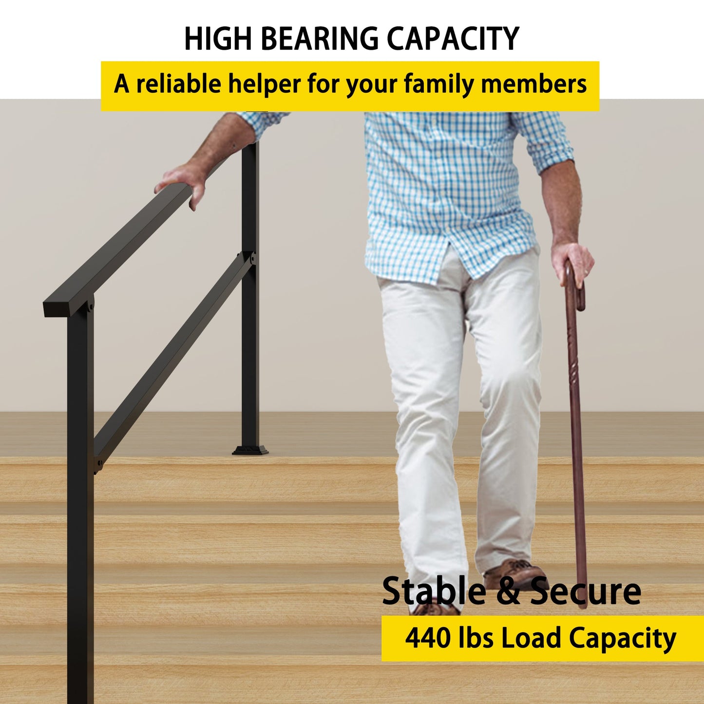 68.5 inch Minimalist Satin Black Stair Banister with Adjustable Angle