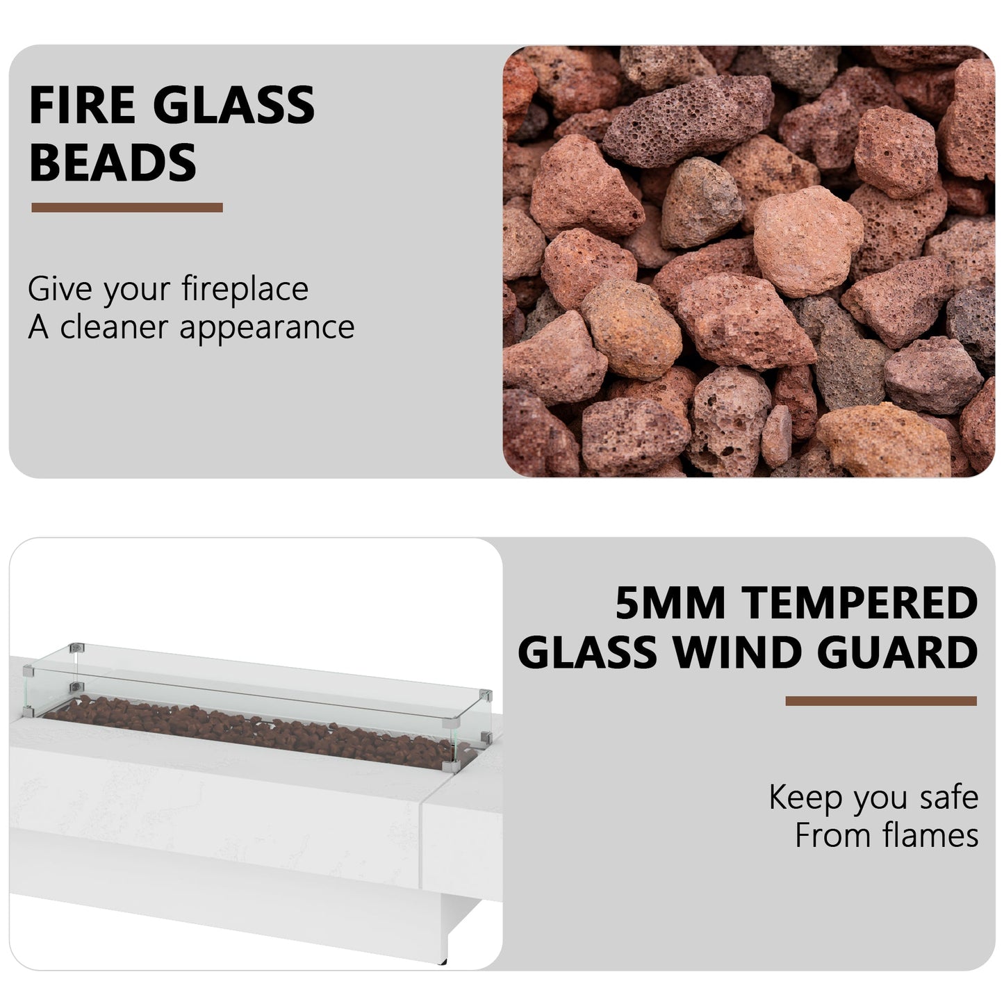 Fire glass beads and 5mm tempered glass wind guard for fireplaces.