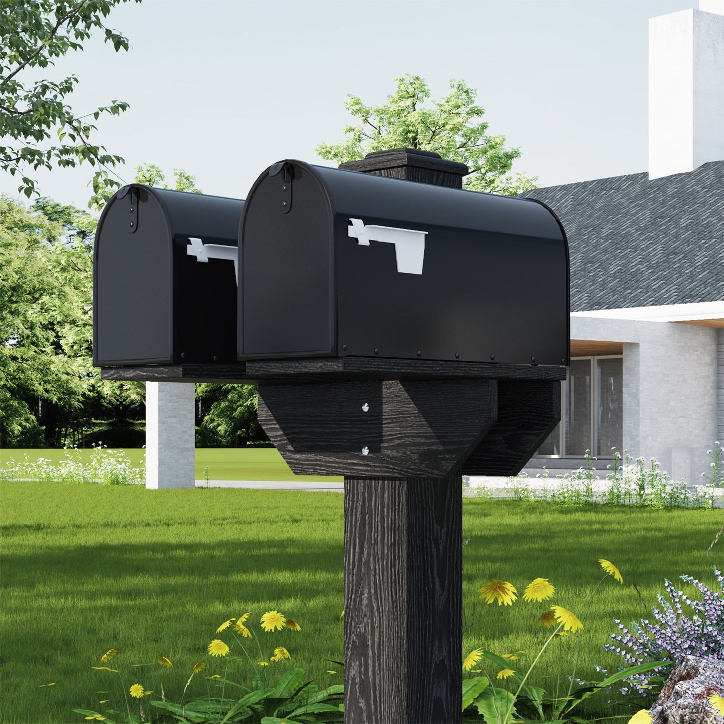 Black mailbox on a wooden post in a garden with a house in the background