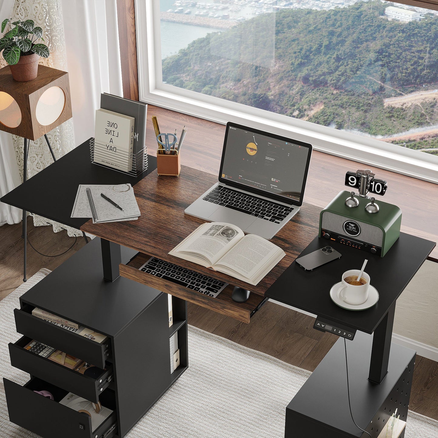 63 inches Modern Black Standing Desk With Electric Height Adjustment and Pegboard Organizer