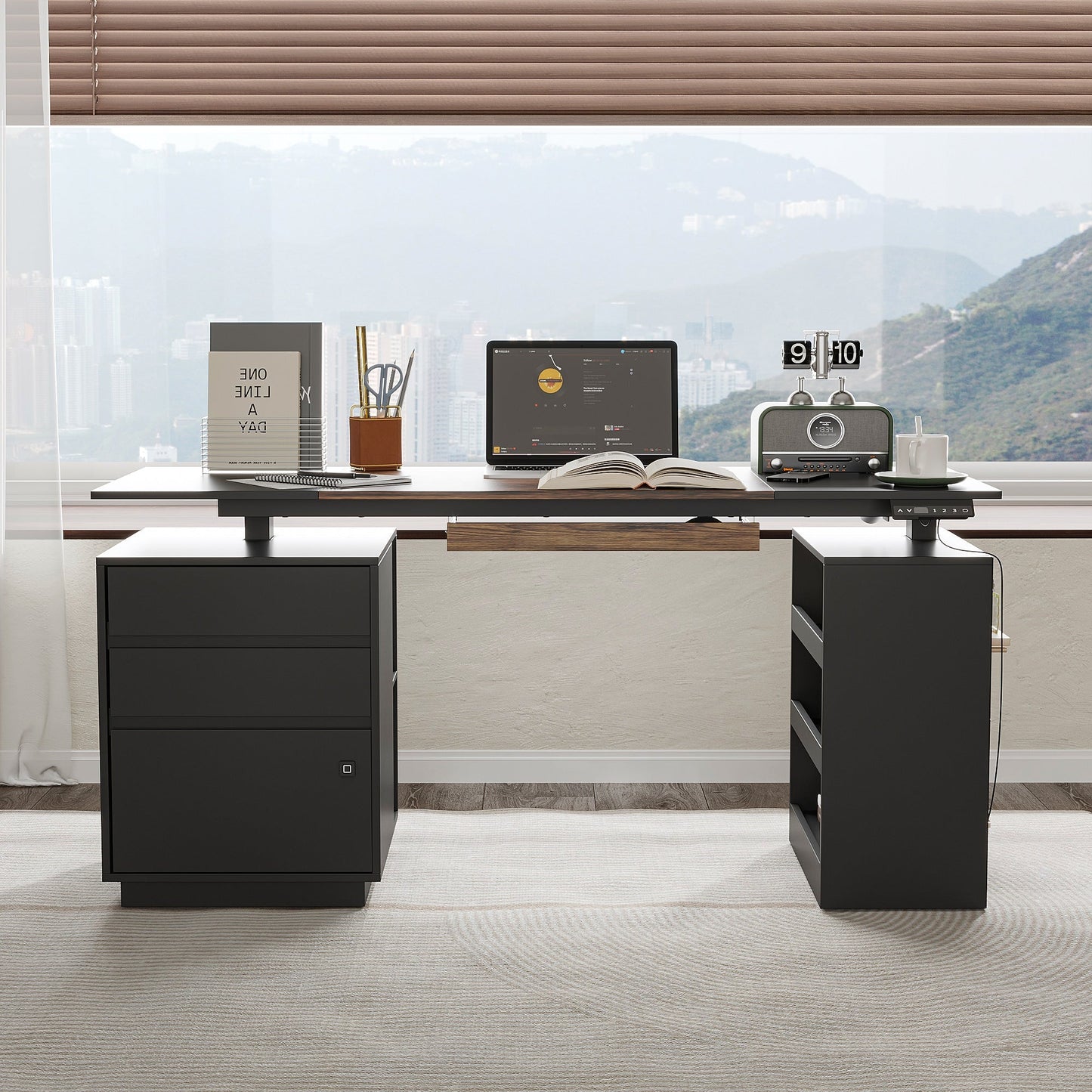 63 inches Modern Black Standing Desk With Electric Height Adjustment and Pegboard Organizer