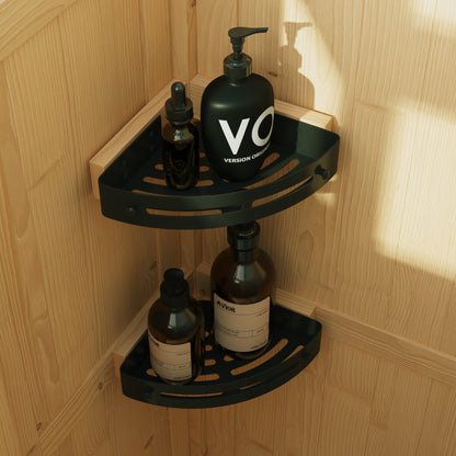 Corner shower caddy with bottles on a wooden wall