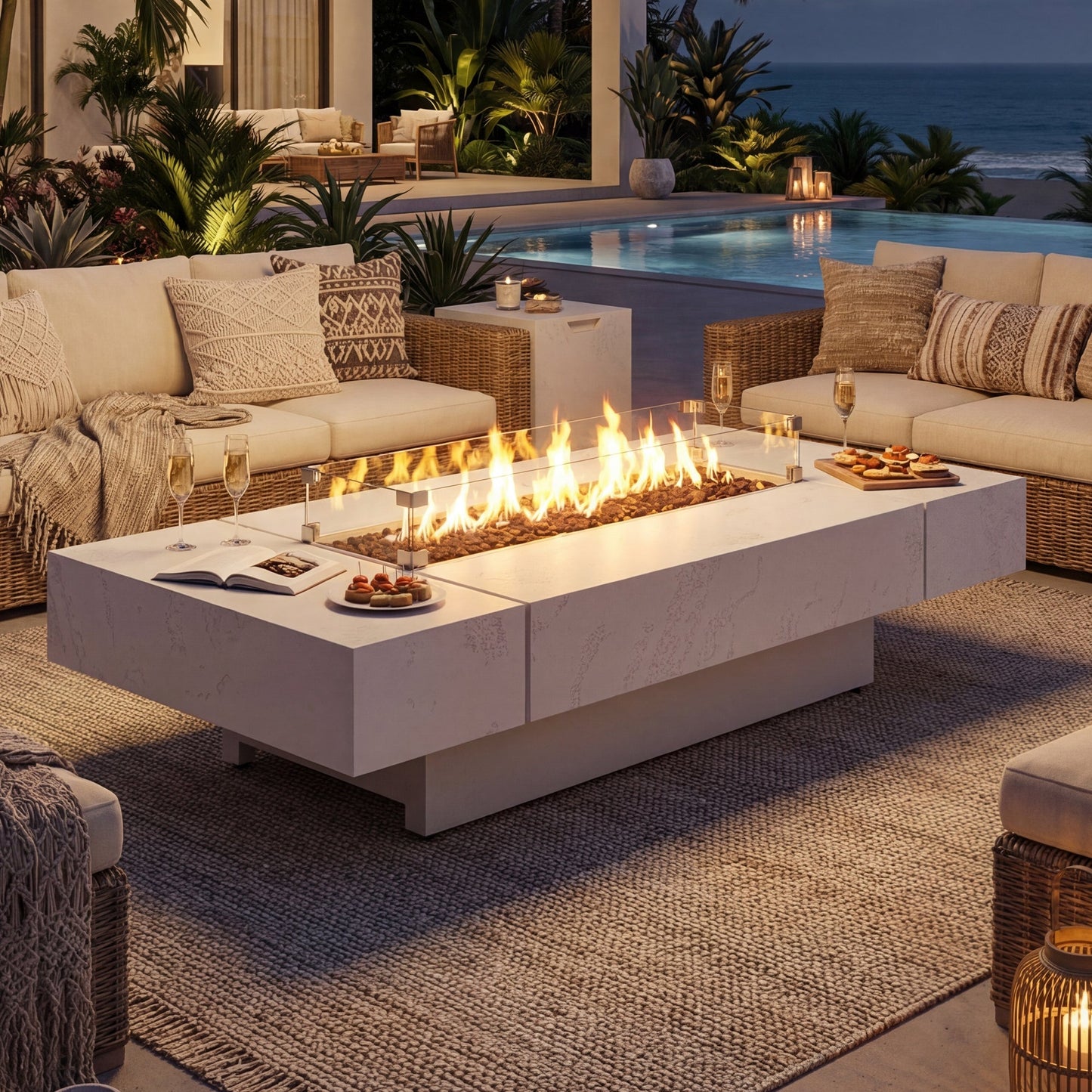 Outdoor patio with fire pit table, couches, and ocean view