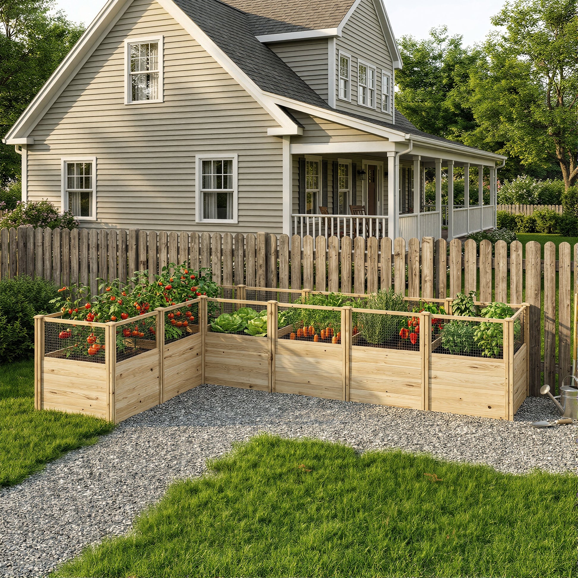 Wooden raised garden beds with plants in front of a house