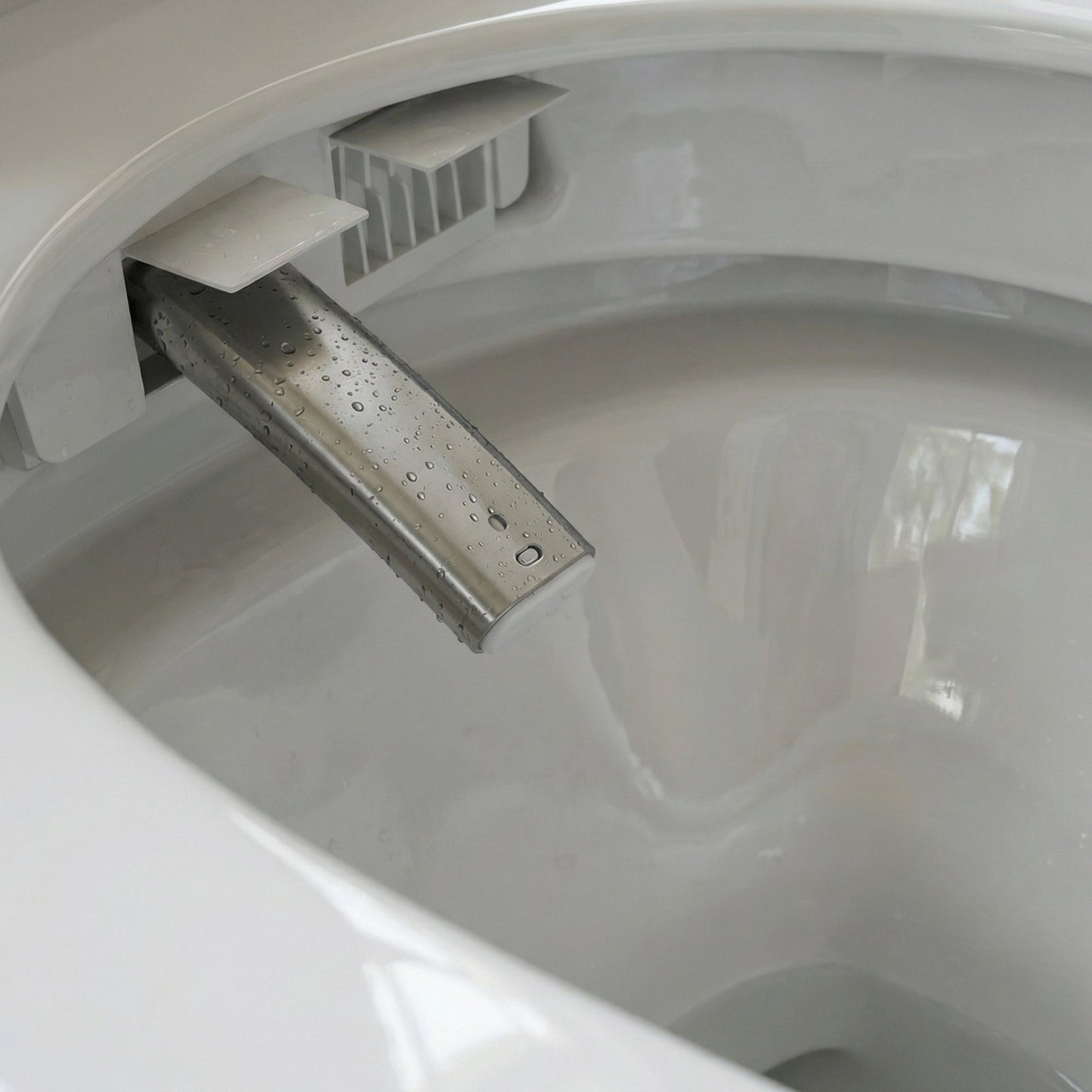 White smart toilet with digital display, and side control knob