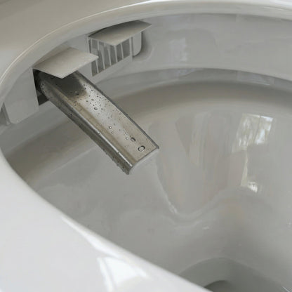 White smart toilet with digital display, and side control knob